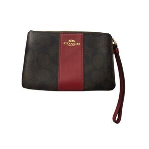 Coach Signature PVC Leather Corner Zip Wristlet Brown/Red F58035 NWT MSRP 88.00